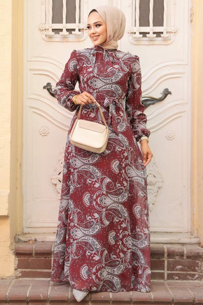 Neva Style - Çiçek Desenli Bordo Tesettür Elbise 279081BR - 2