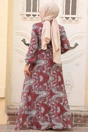 Neva Style - Çiçek Desenli Bordo Tesettür Elbise 279081BR - 3