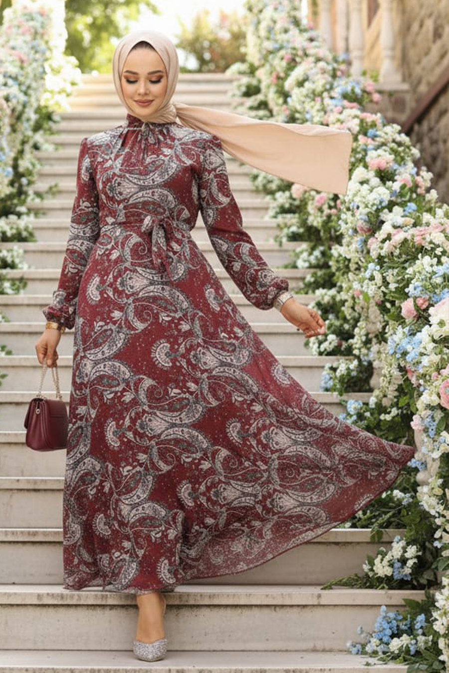  Çiçek Desenli Bordo Tesettür Elbise 279081BR