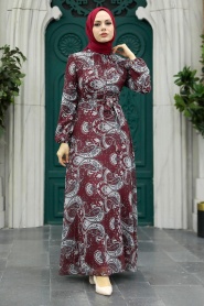 Neva Style - Çiçek Desenli Bordo Tesettür Elbise 279081BR - Thumbnail
