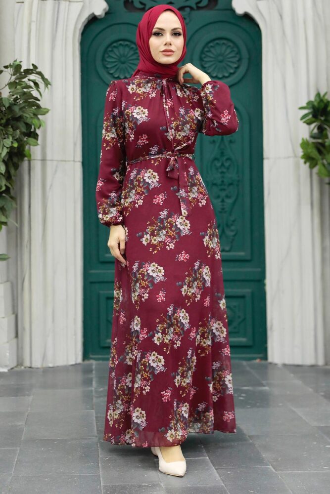 Neva Style - Çiçek Desenli Bordo Tesettür Elbise 279082BR - 1