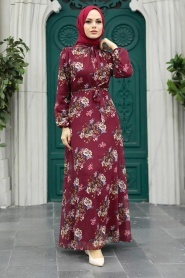 Neva Style - Çiçek Desenli Bordo Tesettür Elbise 279082BR - Thumbnail