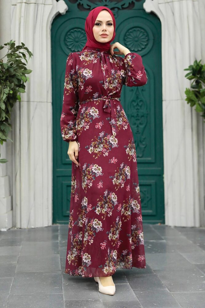 Neva Style - Çiçek Desenli Bordo Tesettür Elbise 279082BR - 2