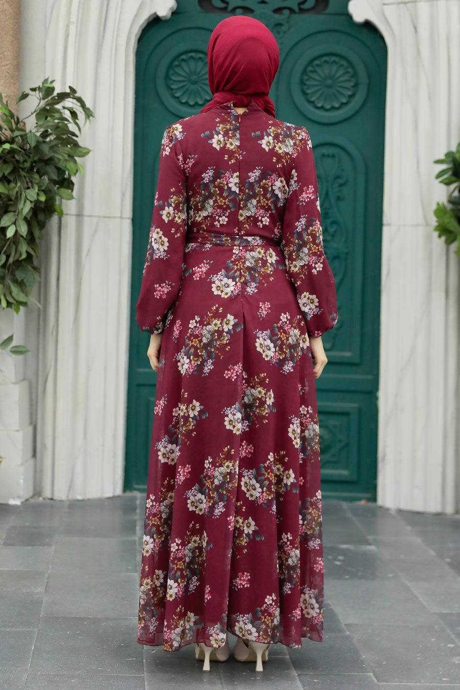 Neva Style - Çiçek Desenli Bordo Tesettür Elbise 279082BR