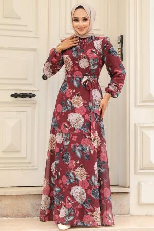 Neva Style - Çiçek Desenli Bordo Tesettür Elbise 279083BR - 2