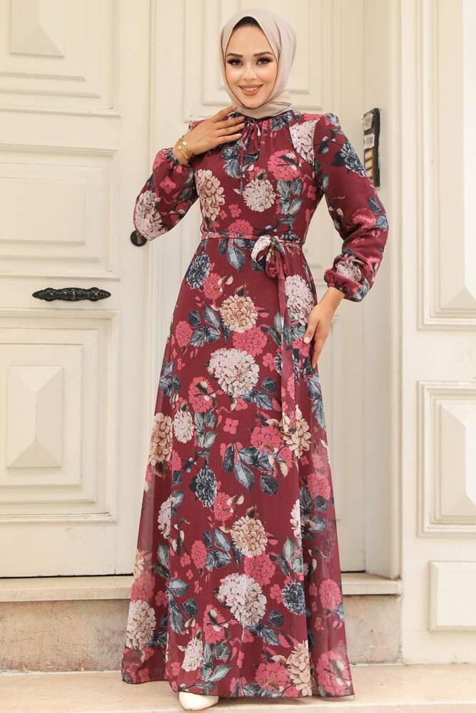 Neva Style - Çiçek Desenli Bordo Tesettür Elbise 279083BR - 2