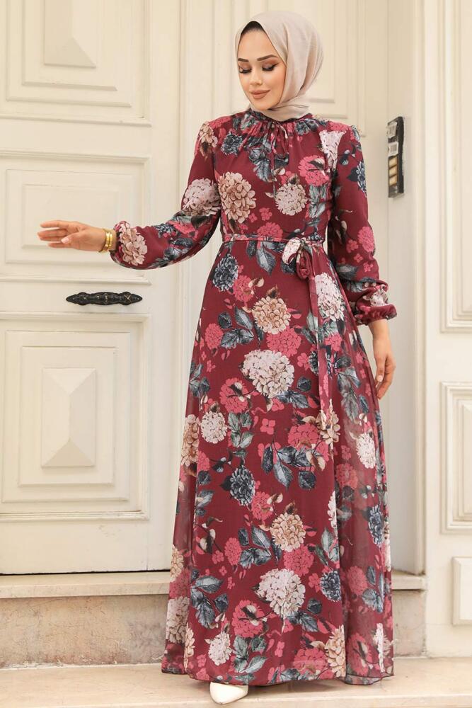 Neva Style - Çiçek Desenli Bordo Tesettür Elbise 279083BR - 1