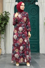 Neva Style - Çiçek Desenli Bordo Tesettür Elbise 279083BR - Thumbnail