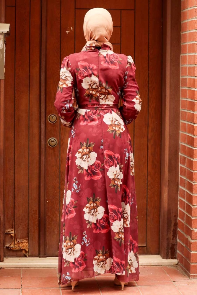  Çiçek Desenli Bordo Tesettür Elbise 2790BR - 2