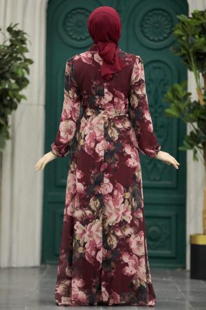  Çiçek Desenli Bordo Tesettür Elbise 279318BR - 3