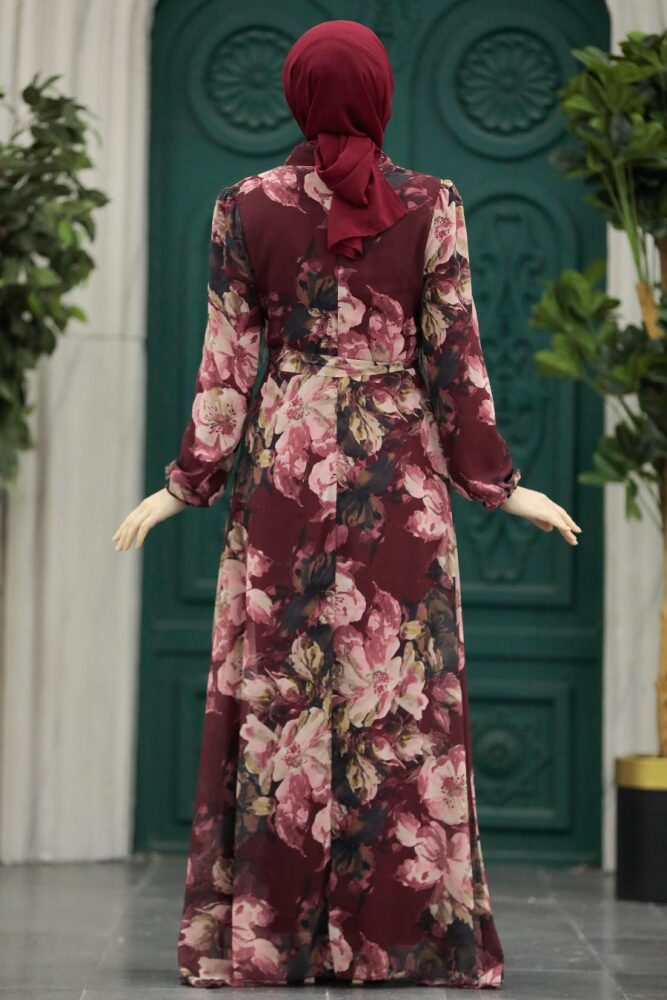  Çiçek Desenli Bordo Tesettür Elbise 279318BR - 3