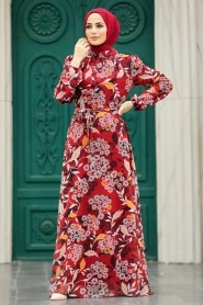 Neva Style - Çiçek Desenli Bordo Tesettür Elbise 27950BR - Thumbnail