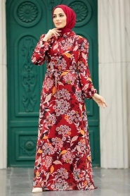 Neva Style - Çiçek Desenli Bordo Tesettür Elbise 27950BR - Thumbnail