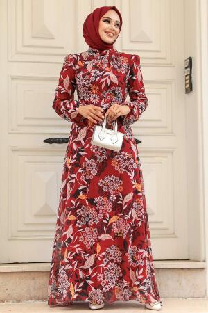 Neva Style - Çiçek Desenli Bordo Tesettür Elbise 27950BR - 1