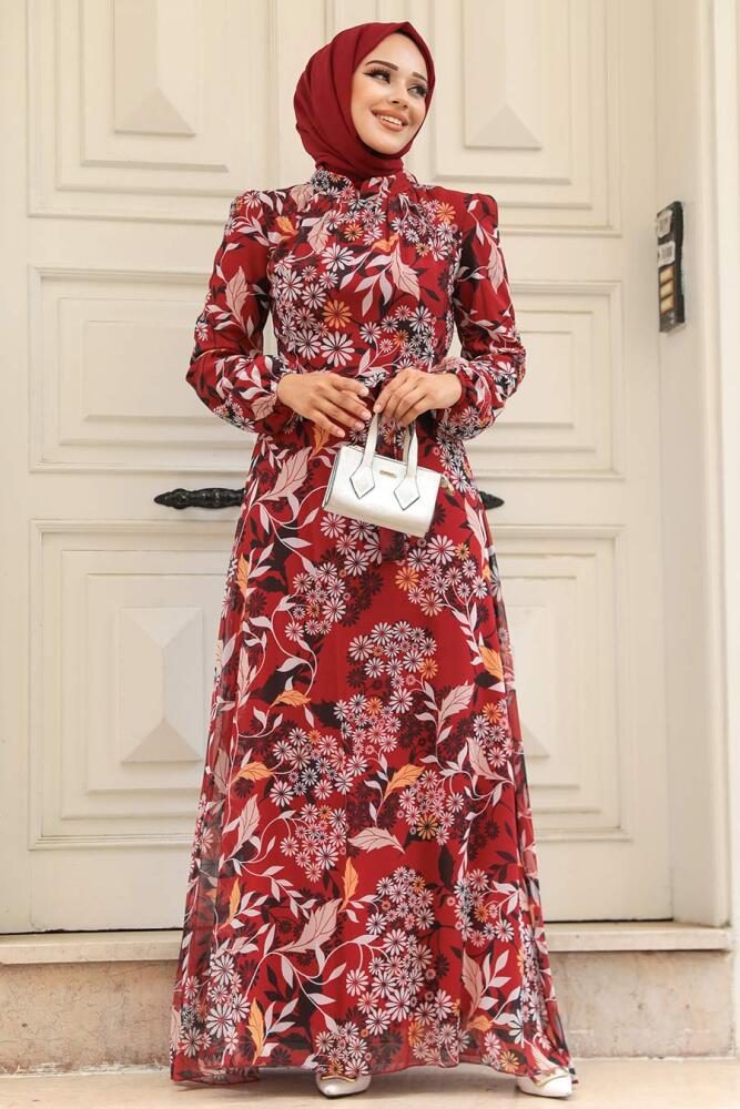 Neva Style - Çiçek Desenli Bordo Tesettür Elbise 27950BR - 1