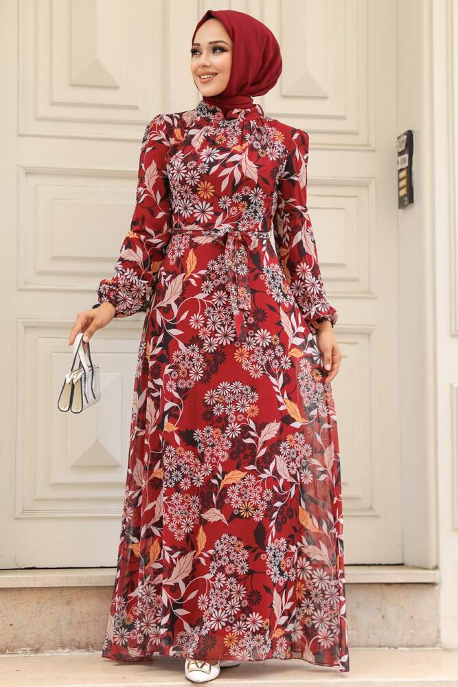 Neva Style - Çiçek Desenli Bordo Tesettür Elbise 27950BR - 2