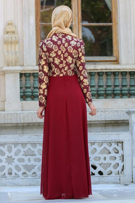 Neva Style - Çiçek Desenli Bordo Tesettürlü Abiye Elbise 2699BR - 2