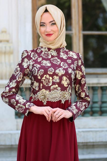Neva Style - Çiçek Desenli Bordo Tesettürlü Abiye Elbise 2699BR - 3