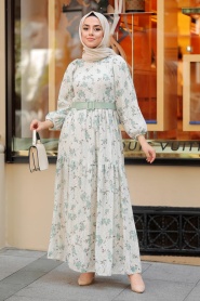 Neva Style - Çiçek Desenli Çağla Yeşili Tesettür Elbise 10262CY - Thumbnail