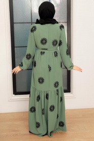 Neva Style - Çiçek Desenli Çağla Yeşili Tesettür Elbise 10281CY - Thumbnail