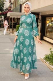 Neva Style - Çiçek Desenli Çağla Yeşili Tesettür Elbise 11870CY - Thumbnail