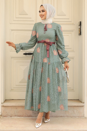 Neva Style - Çiçek Desenli Çağla Yeşili Tesettür Elbise 1216CY - 2