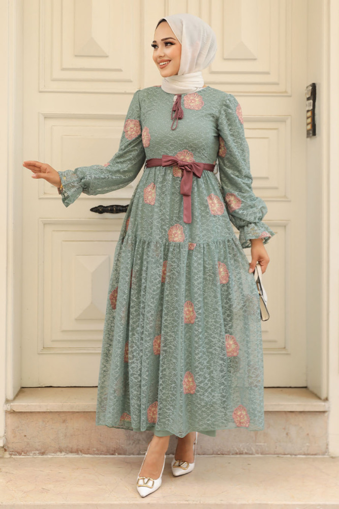 Neva Style - Çiçek Desenli Çağla Yeşili Tesettür Elbise 1216CY - 2