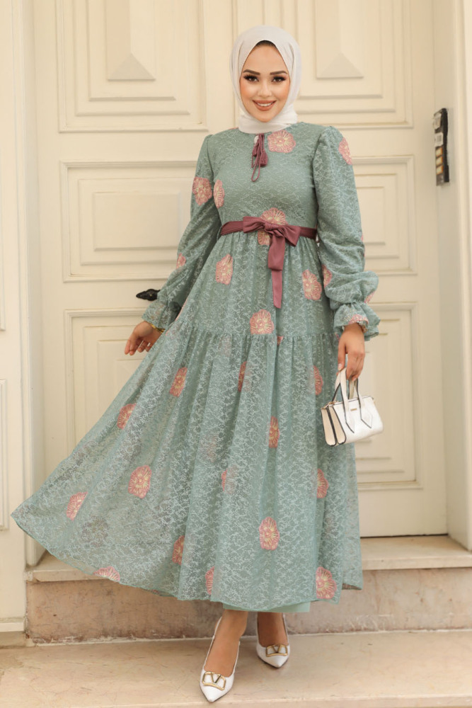 Neva Style - Çiçek Desenli Çağla Yeşili Tesettür Elbise 1216CY - 1