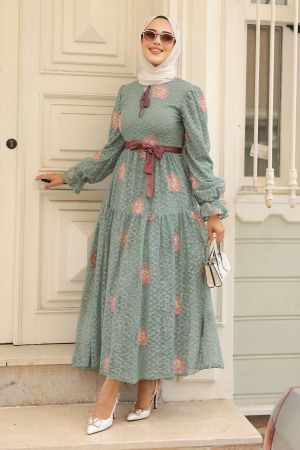Neva Style - Çiçek Desenli Çağla Yeşili Tesettür Elbise 1216CY - 3