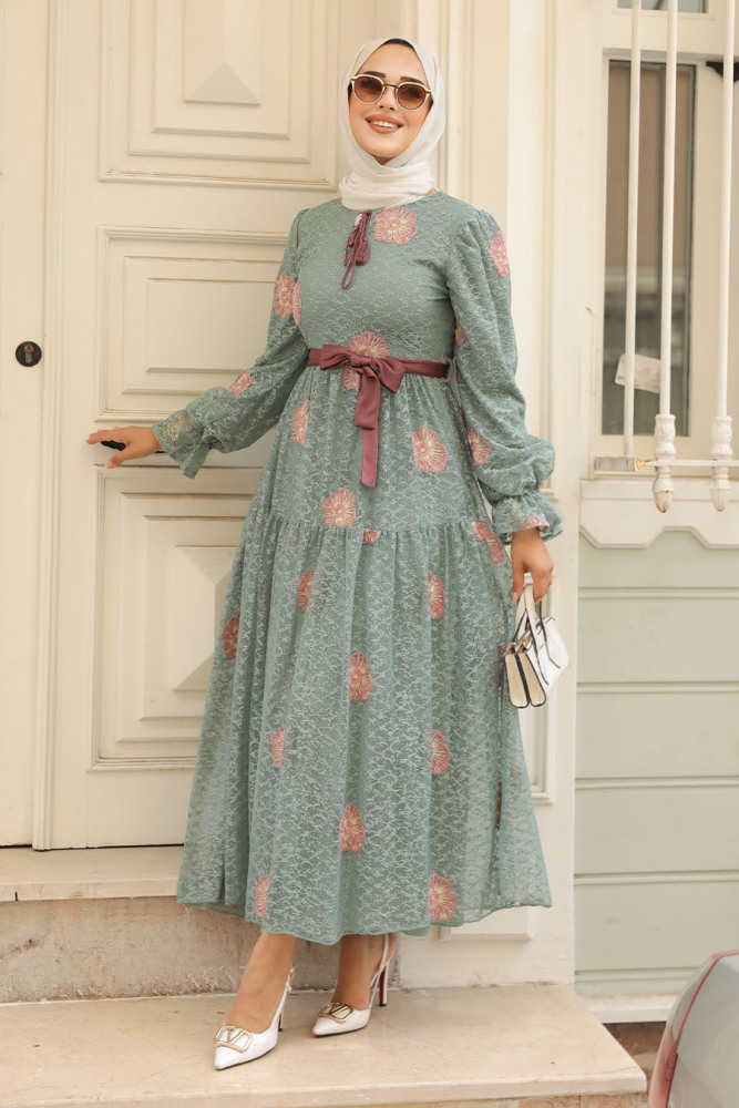 Neva Style - Çiçek Desenli Çağla Yeşili Tesettür Elbise 1216CY - 3