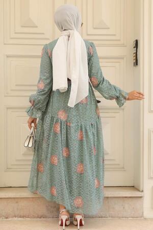 Neva Style - Çiçek Desenli Çağla Yeşili Tesettür Elbise 1216CY - 4