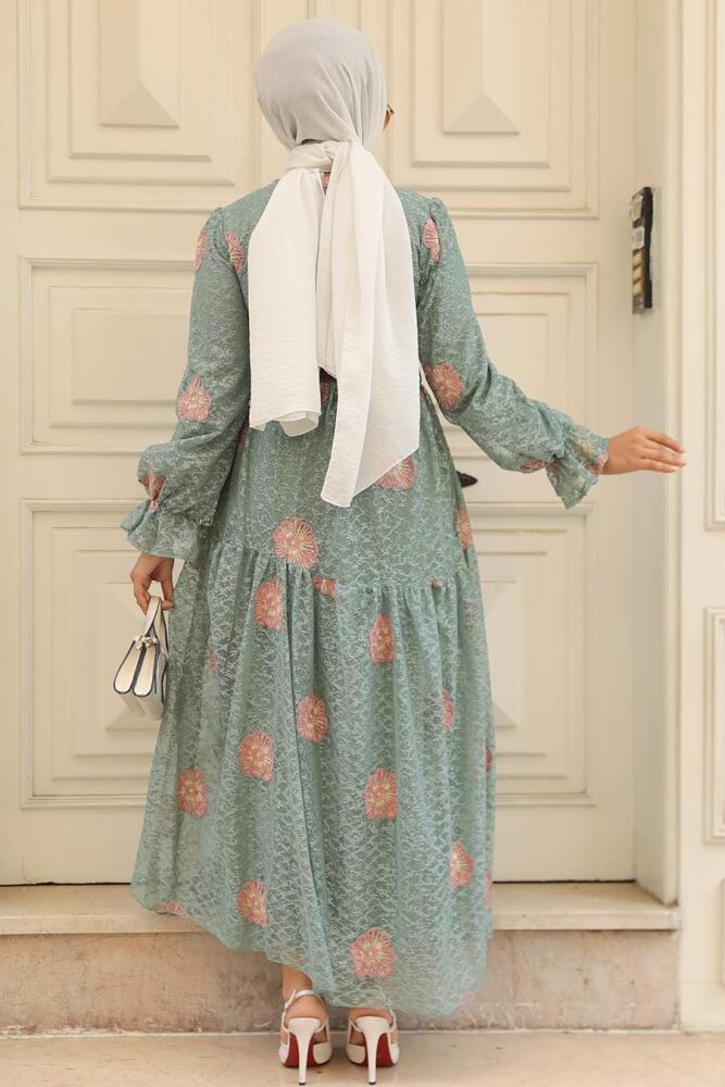 Neva Style - Çiçek Desenli Çağla Yeşili Tesettür Elbise 1216CY - 4