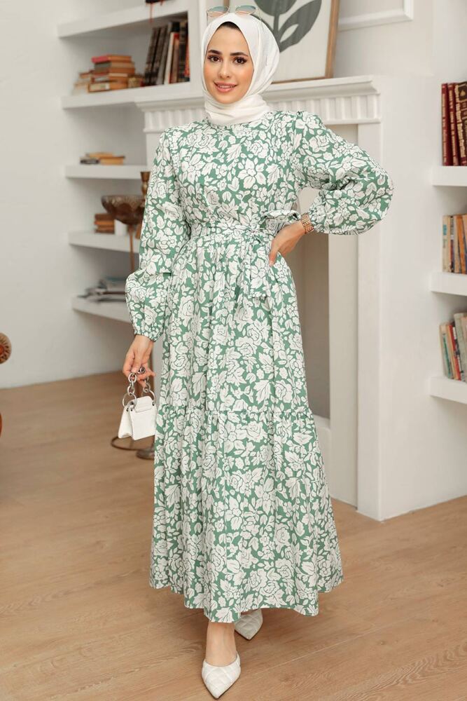 Neva Style - Çiçek Desenli Çağla Yeşili Tesettür Elbise 22923CY - 1