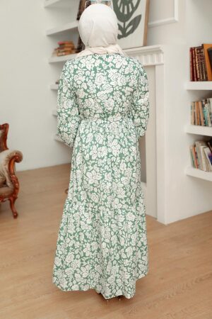 Neva Style - Çiçek Desenli Çağla Yeşili Tesettür Elbise 22923CY - 2