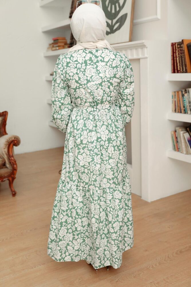 Neva Style - Çiçek Desenli Çağla Yeşili Tesettür Elbise 22923CY - 2