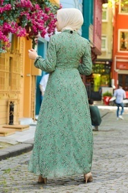 Neva Style -Çiçek Desenli Çağla Yeşili Tesettür Elbise 279011CY - Thumbnail