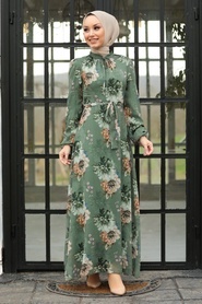 Neva Style - Çiçek Desenli Çağla Yeşili Tesettür Elbise 27901CY - Thumbnail