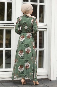 Neva Style - Çiçek Desenli Çağla Yeşili Tesettür Elbise 27901CY - Thumbnail