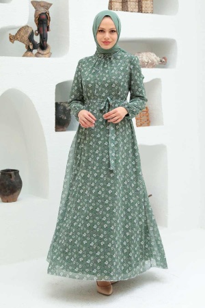 Neva Style - Çiçek Desenli Çağla Yeşili Tesettür Elbise 279045CY - 1