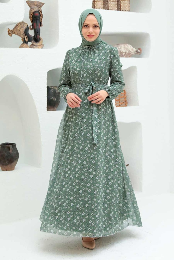 Neva Style - Çiçek Desenli Çağla Yeşili Tesettür Elbise 279045CY - 1