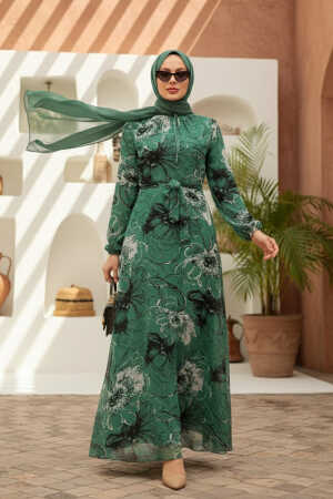  Çiçek Desenli Çağla Yeşili Tesettür Elbise 279070CY - 1