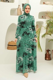 Neva Style - Çiçek Desenli Çağla Yeşili Tesettür Elbise 279070CY - Thumbnail