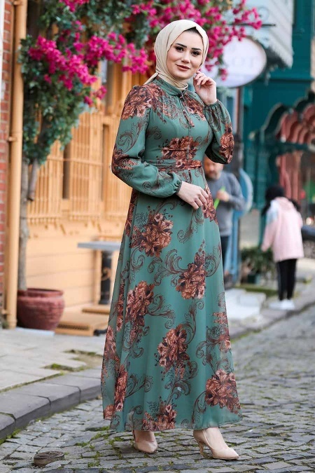 NEVA STYLE - Neva Style - Çiçek Desenli Çağla Yeşili Tesettür Elbise 27921CY