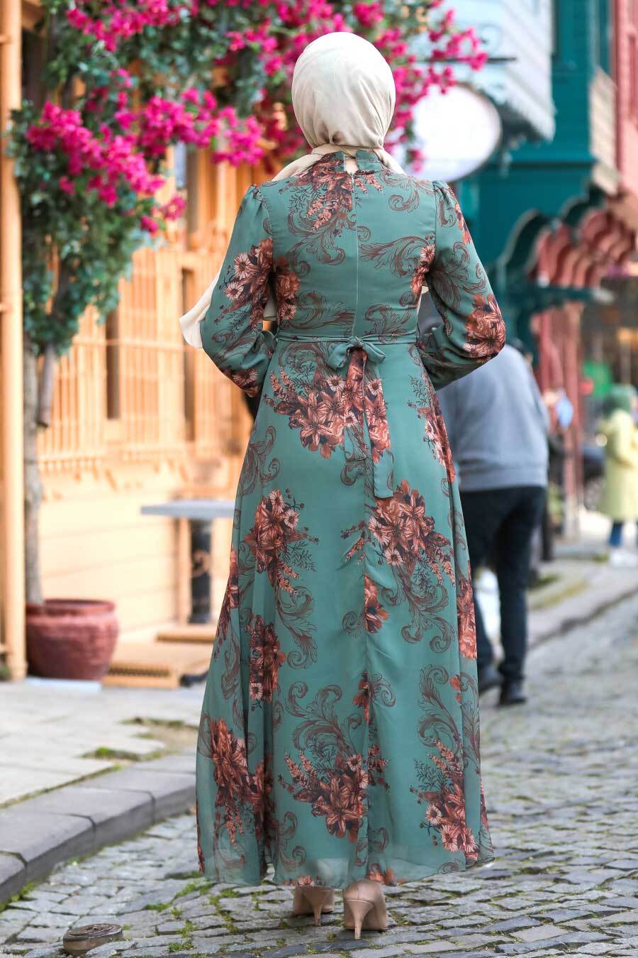 Neva Style - Çiçek Desenli Çağla Yeşili Tesettür Elbise 27921CY