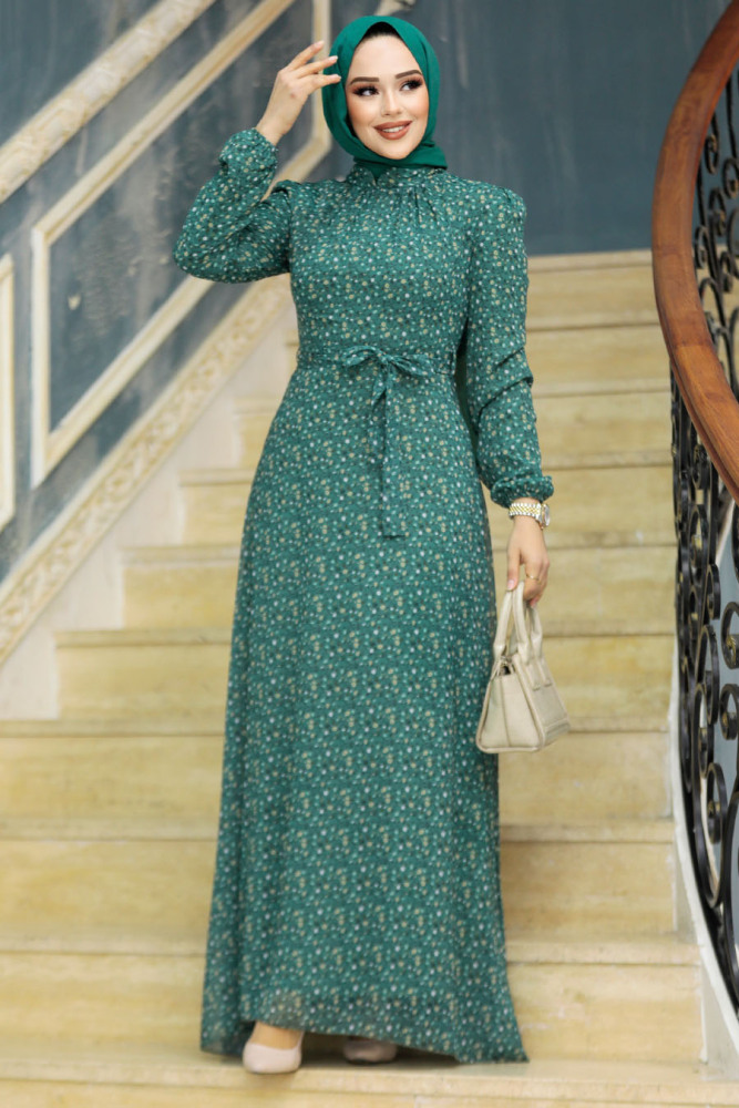 Neva Style - Çiçek Desenli Çağla Yeşili Tesettür Elbise 279311CY - 2