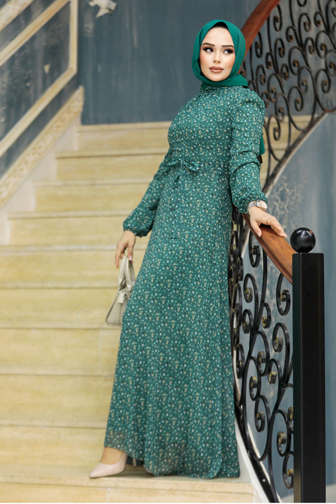 Neva Style - Çiçek Desenli Çağla Yeşili Tesettür Elbise 279311CY - 1