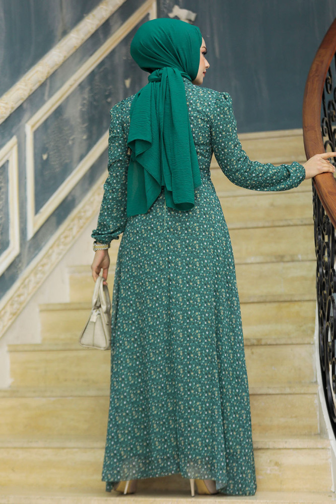Neva Style - Çiçek Desenli Çağla Yeşili Tesettür Elbise 279311CY - 4