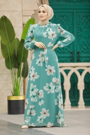 Neva Style - Çiçek Desenli Çağla Yeşili Tesettür Elbise 279314CY - Thumbnail