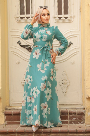 Neva Style - Çiçek Desenli Çağla Yeşili Tesettür Elbise 279314CY - 2
