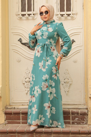 Neva Style - Çiçek Desenli Çağla Yeşili Tesettür Elbise 279314CY - 1